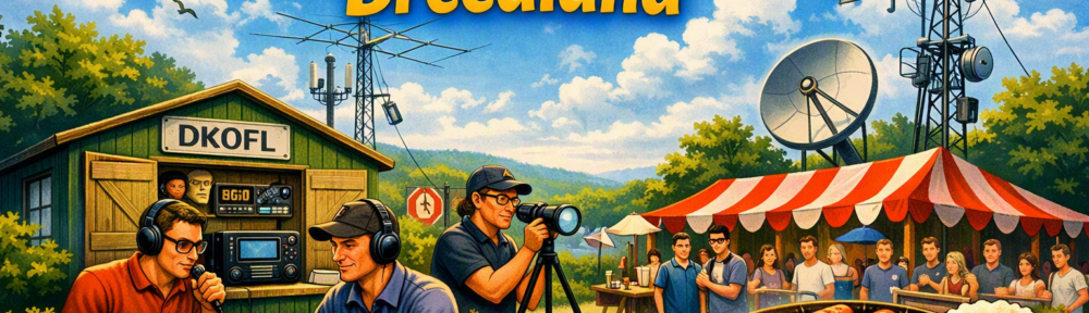 Titelbild mit Clubstation DK0FL, Funkbetrieb, Antennenmast, Grill und Festzelt zum Sommerfest zum 50‑jährigen Bestehen von Breedland.