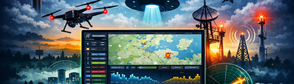 Grafik zur ADS‑B Hindernisbefeuerung mit Dashboard, Warnlicht und Flugobjekten über Flensburg.