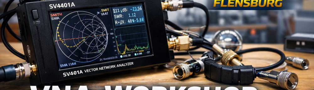 SV4401A VNA mit Smith‑Diagramm und DARC OV M03 Flensburg Logo – Titelbild zum VNA‑Workshop.